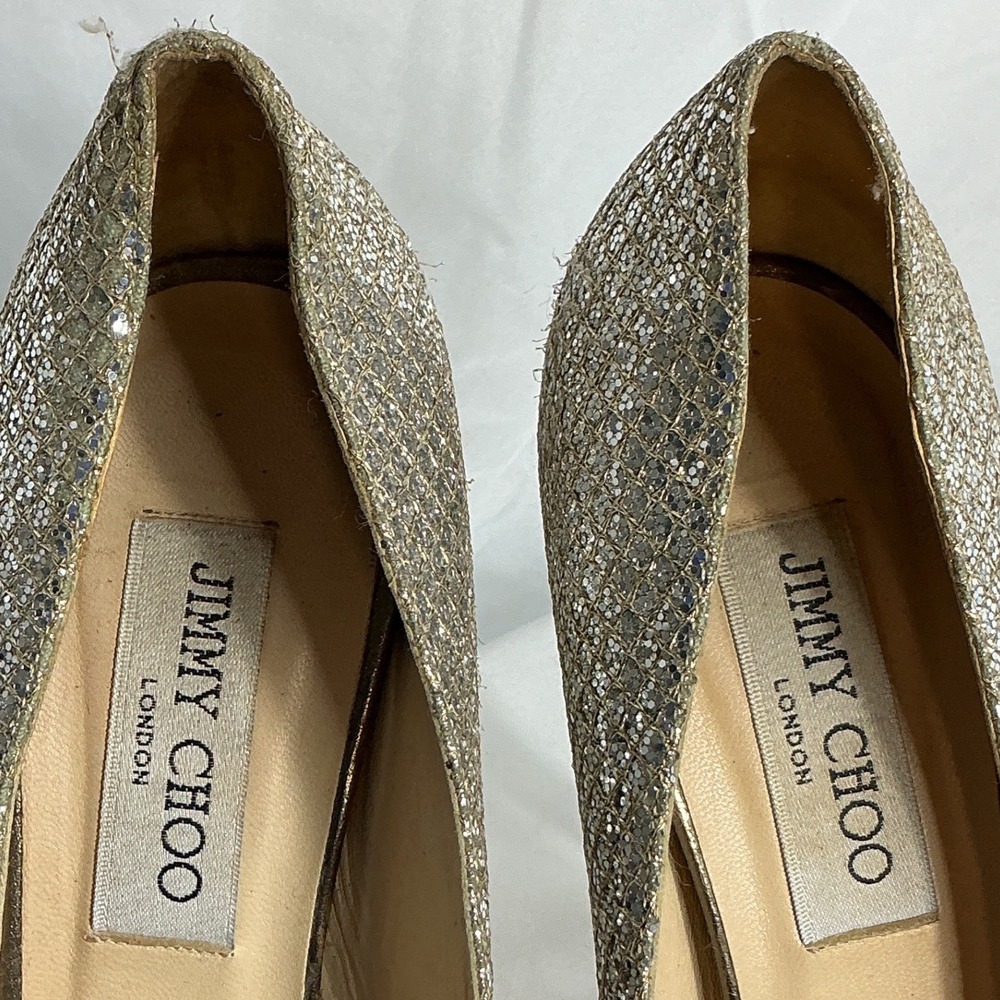 Jimmy Choo Champagne Gold Glitter Peep Toe Platform Pumps Heels Size 38 - Picture 4 of 11